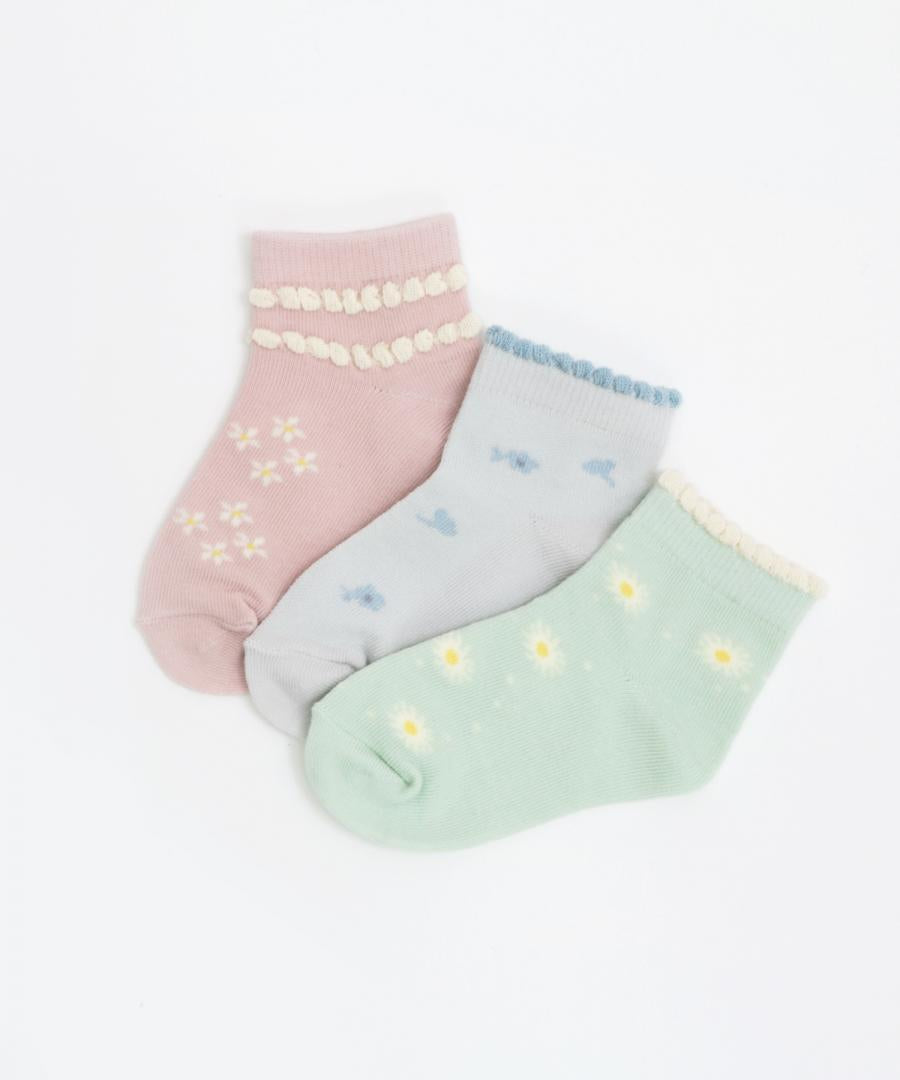 Stample Pale Flower Baby Ankle Socks 3Pairs/Stample花朵宝宝脚踝袜 3双装 11-13cm 0-1yr