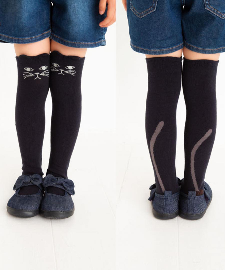 Stample Cat&Tail Knee High Socks Black&Navy/Stample过膝儿童长筒猫咪&尾巴长袜 黑色&深蓝色 2双装 16-18cm 4-6yrs